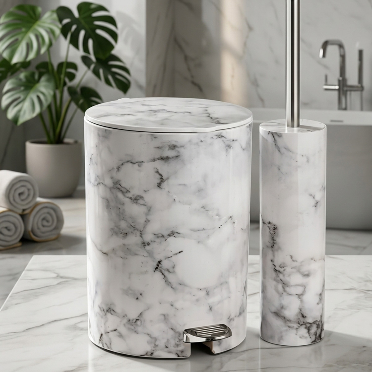 Marble Design Dustbin with Brush