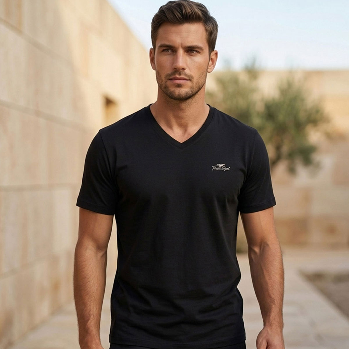 Men Plain V Neck T-Shirt Short Sleeve