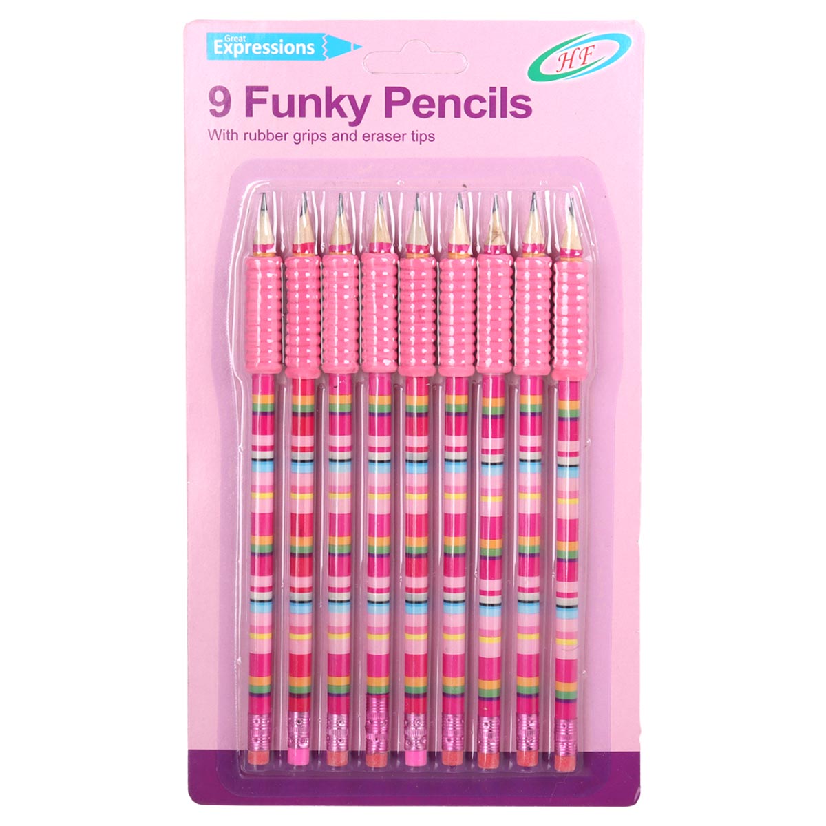 HF Funky Pencils with Rubber Grips & Eraser Tips 9 Piece
