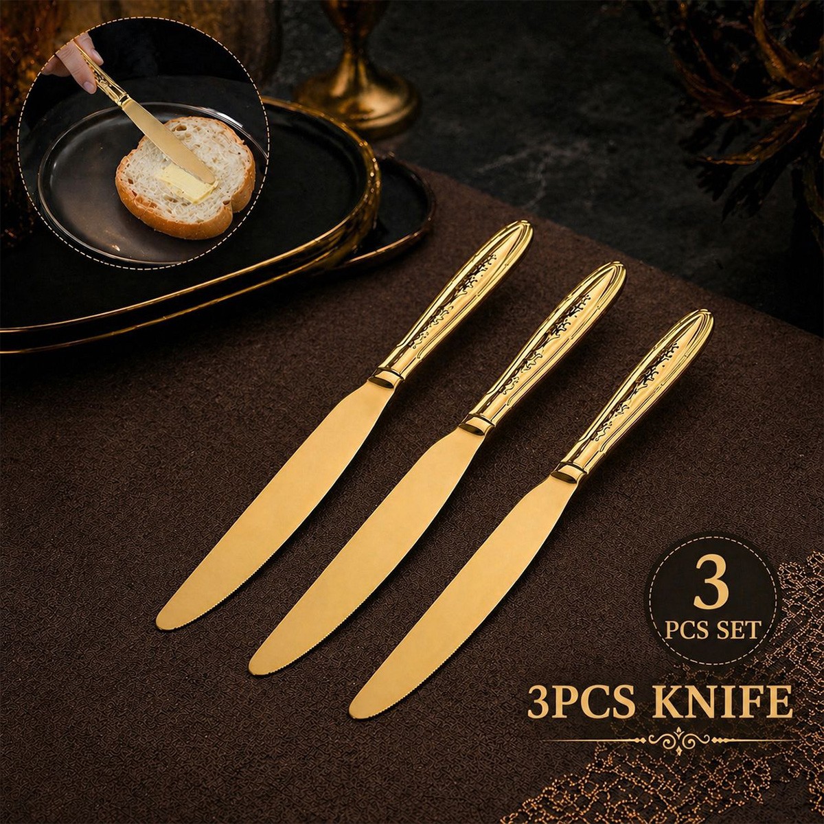 Dinner Knife Set 3 Piece Gold