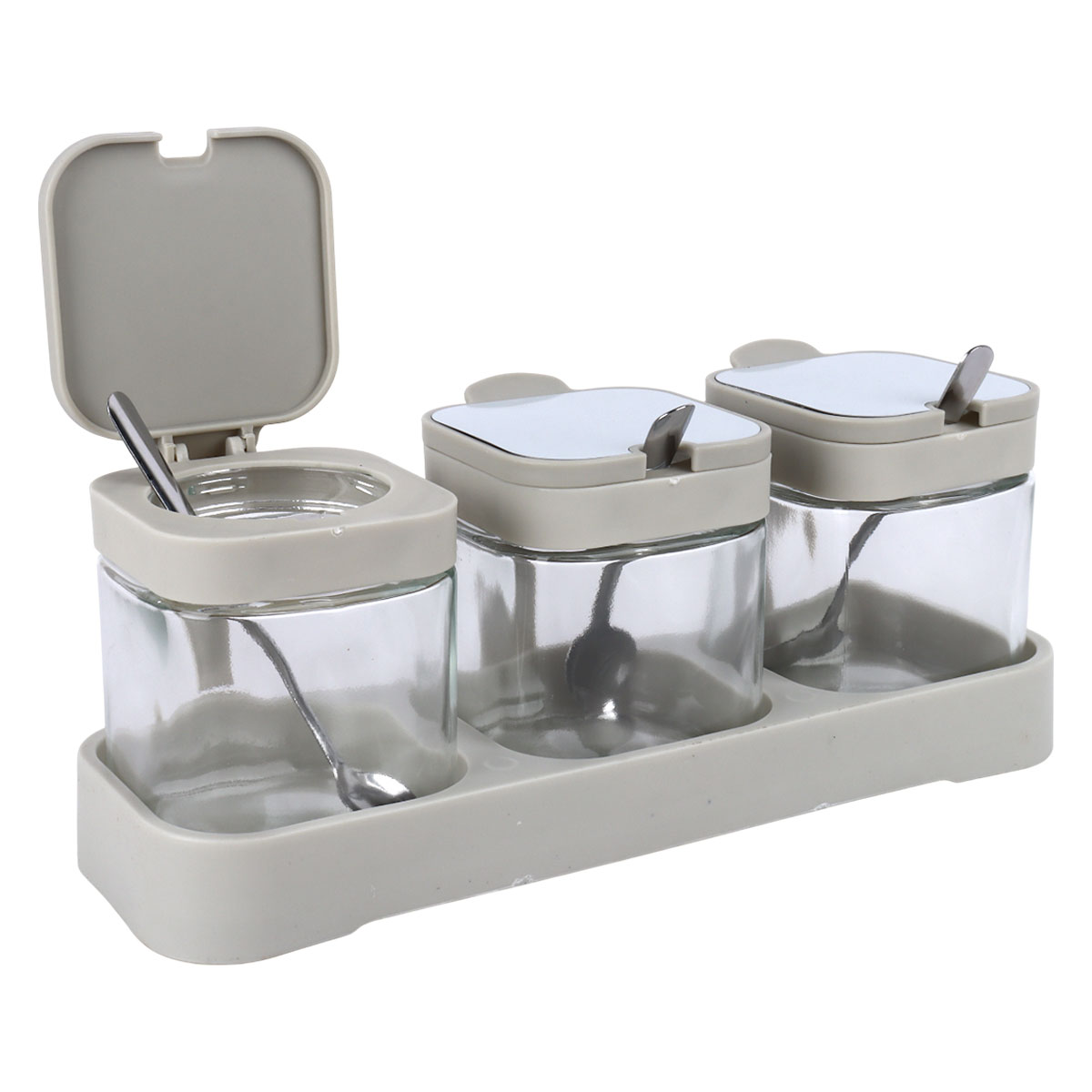 Glass Spice Bottle Set with Flip Lid & Spoon 3 Piece