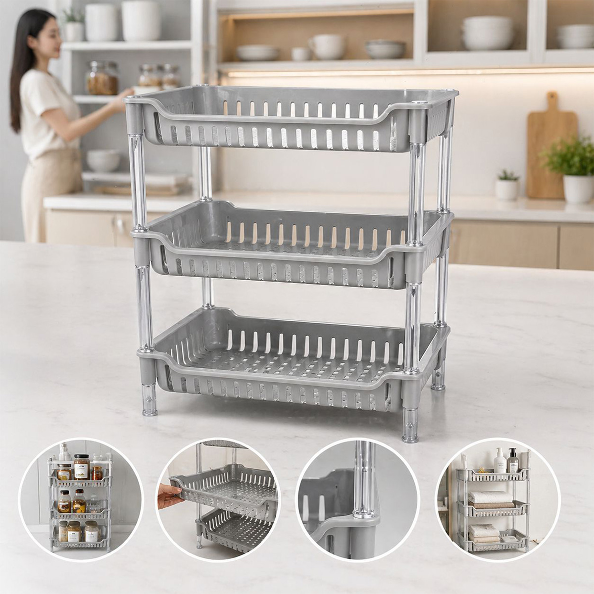 Vegetable Trolley Plastic Gray 3 Layer