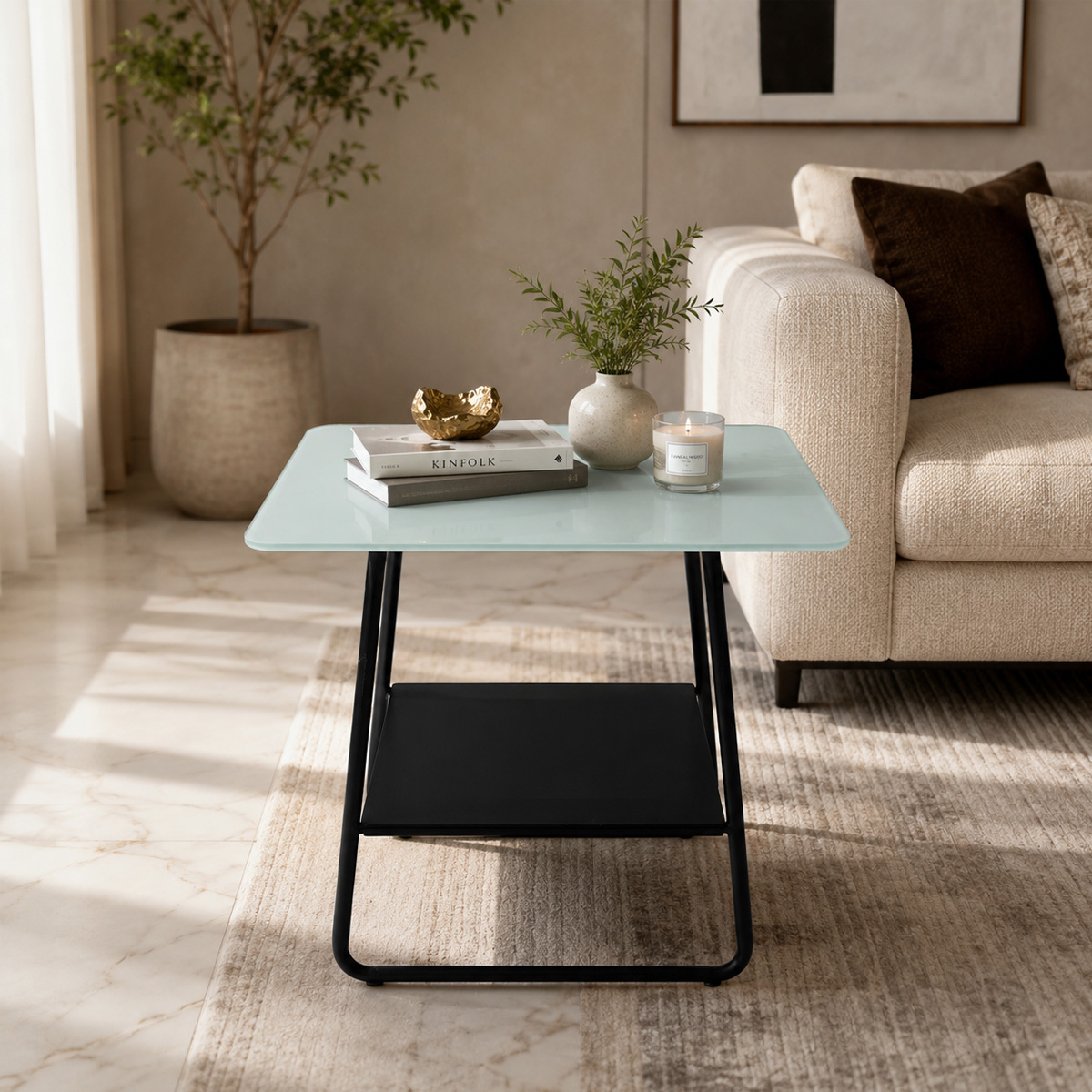 Glass Marble Side Table Black Gray