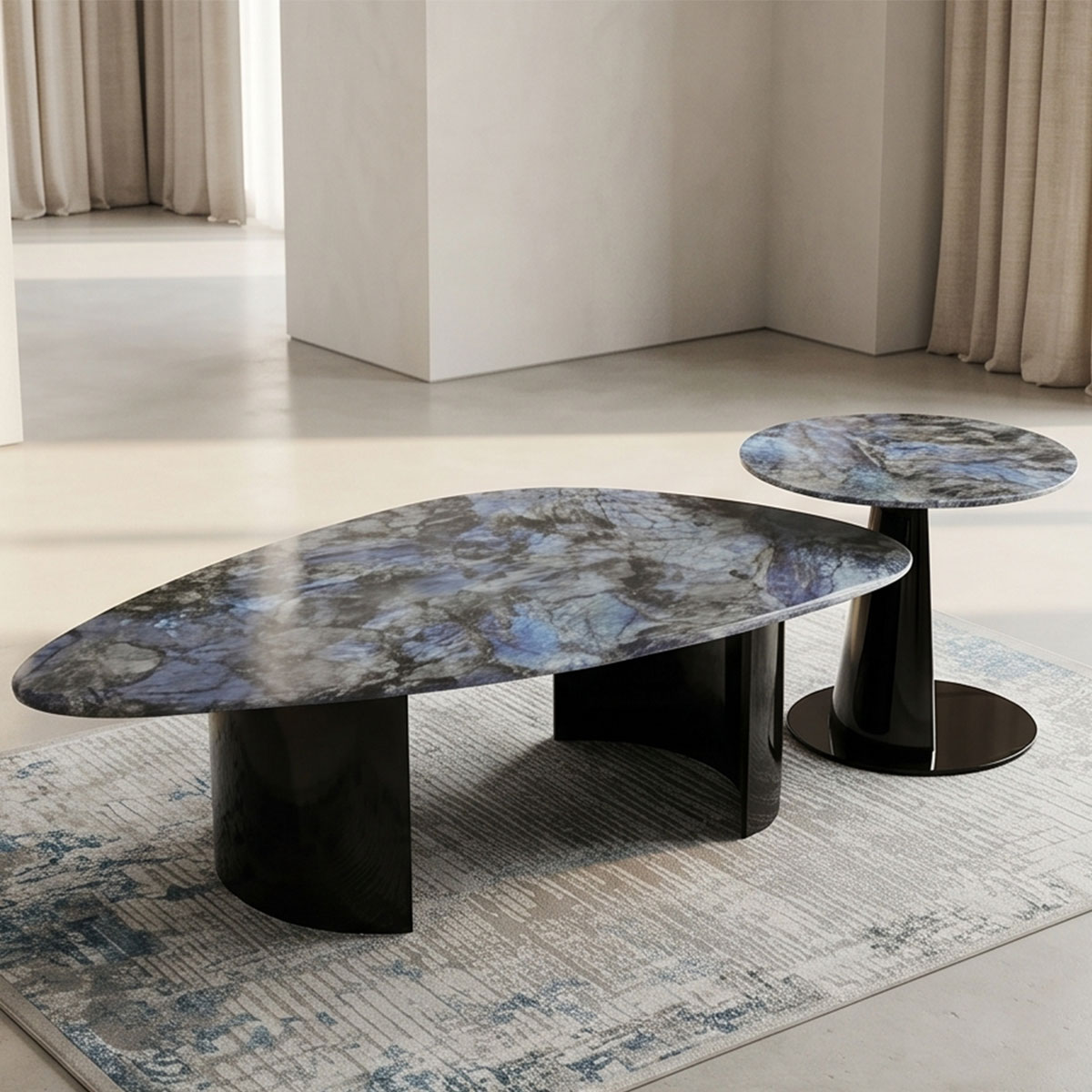 Tea Table Marble Set Round 14331-B-755-BLU+GRY