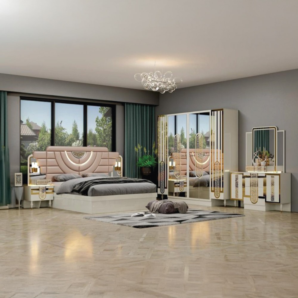 King Bedroom Set with 180x200cm Bed, 2 Side Tables, Dressing Table with Chair & 6-Door Wardrobe