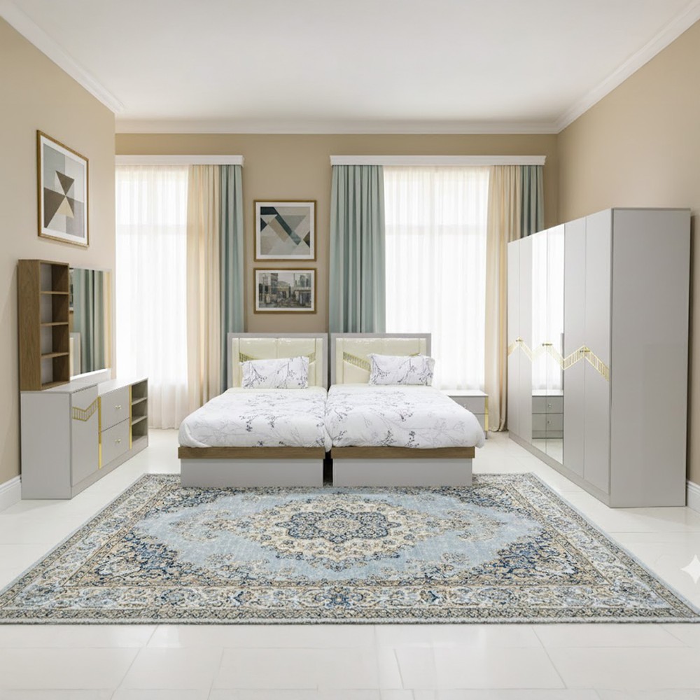 Twin Bedroom Set with 120x200cm Bed, Dressing Table, 6-Door Wardrobe & Nightstand