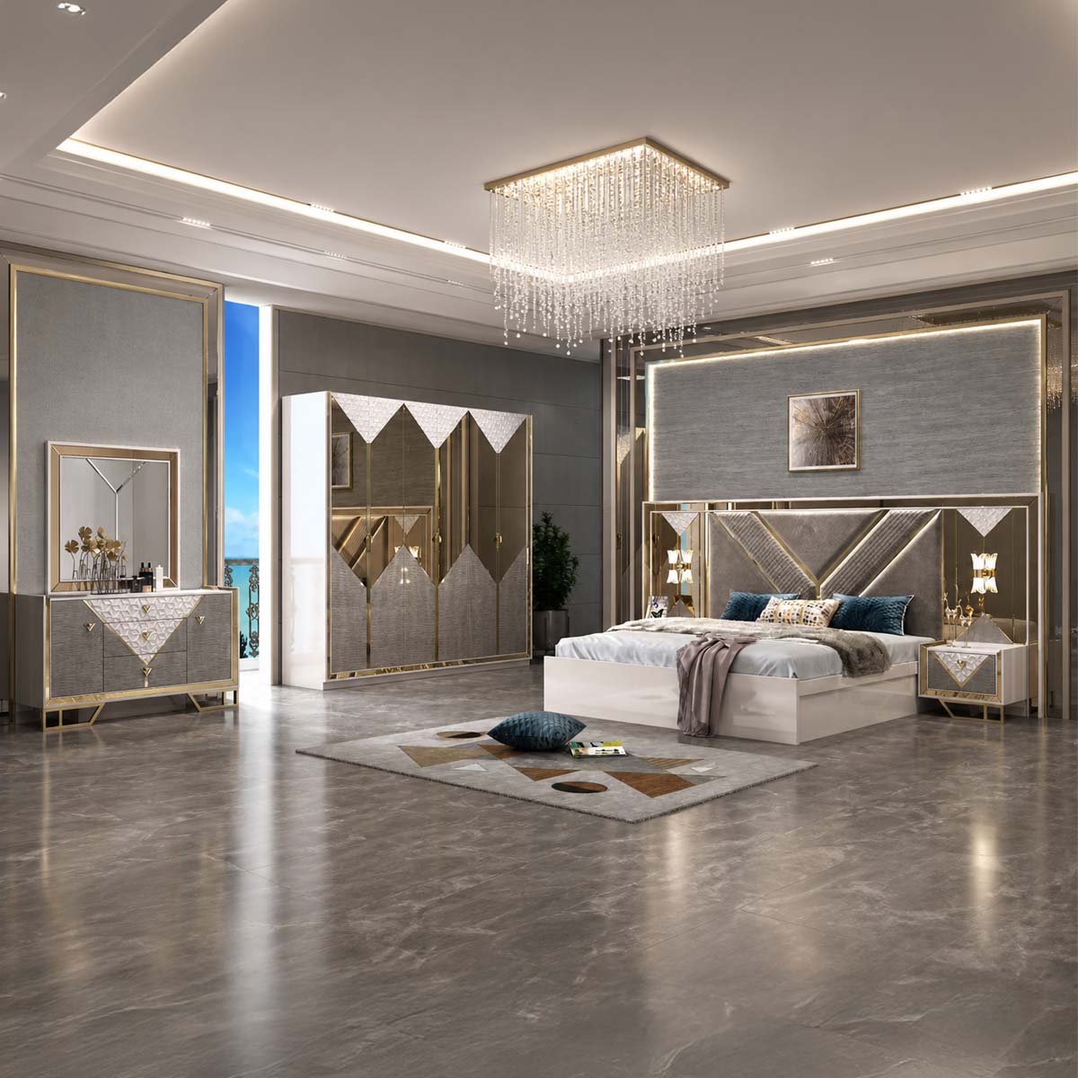 Modern Bedroom Set High Headboard