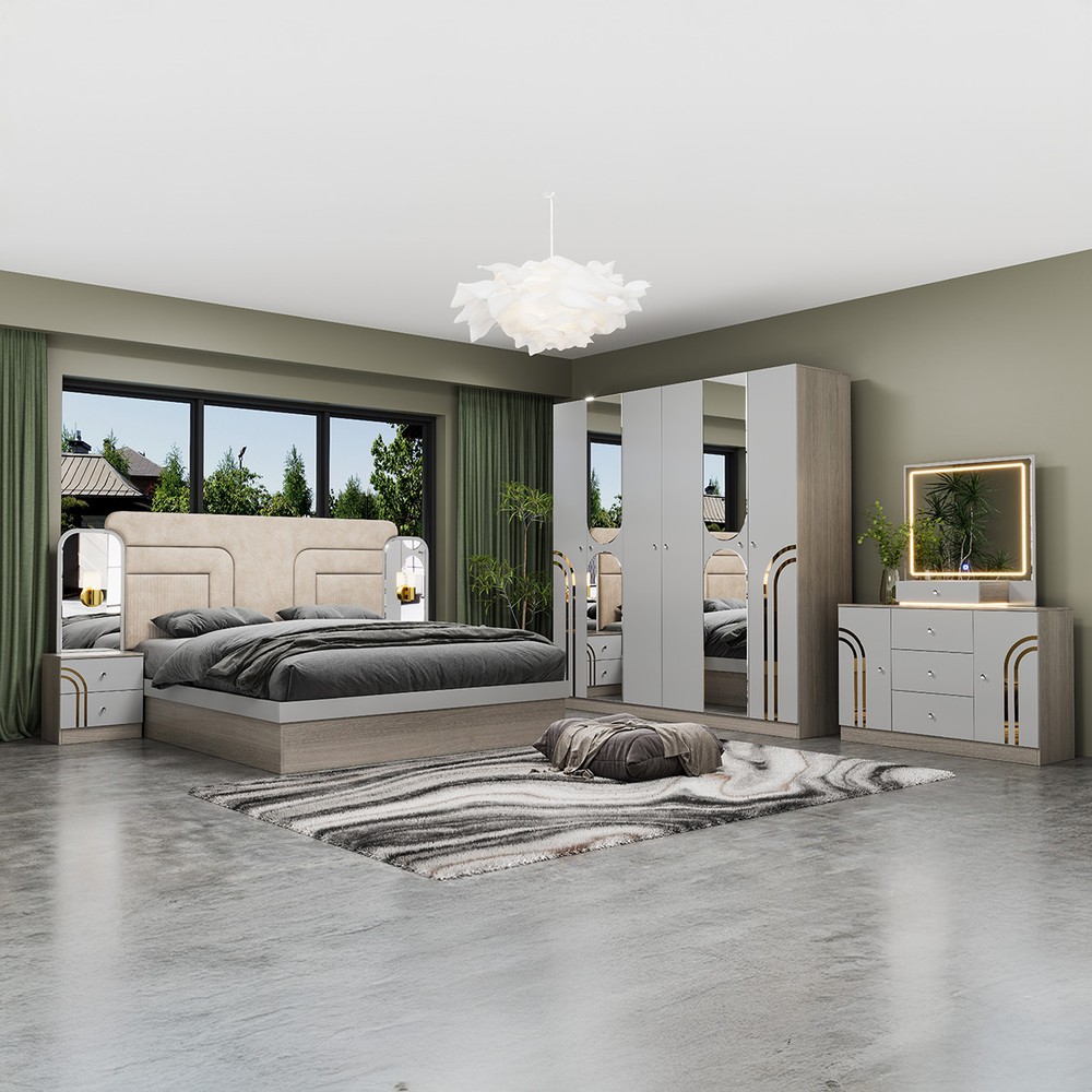 Double Bedroom Set with 180x200cm Bed, 6-Door Wardrobe, 2 Nightstands & Dressing Table with Stool