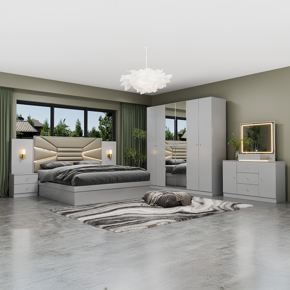 Double Bedroom Set with 180x200cm Bed, 6-Door Wardrobe, 2 Nightstands & Dressing Table with Stool