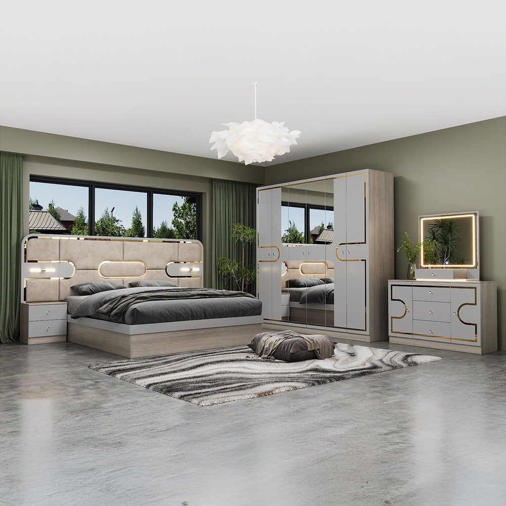 Double Bedroom Set-180x200cm (Bed + 1x6Doors Wardrobe + 2xNight Stand + Dressing Table With Stool)