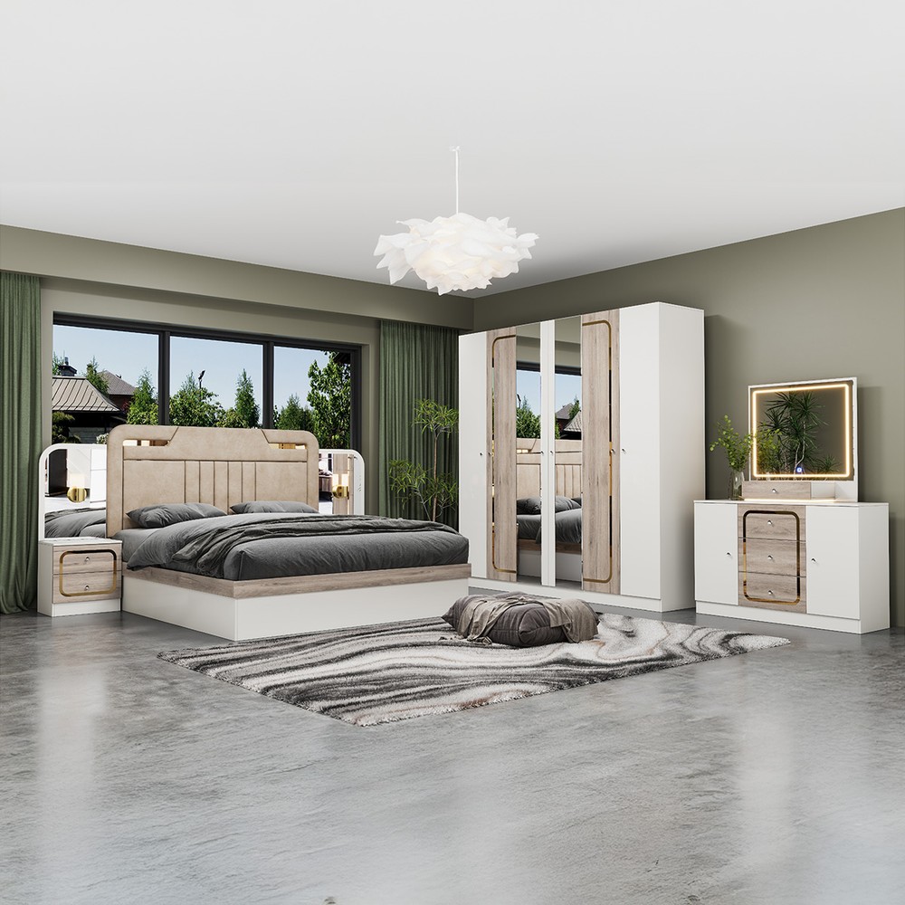 Double Bedroom Set with 180x200cm Bed, 6-Door Wardrobe, 2 Nightstands & Dressing Table with Stool