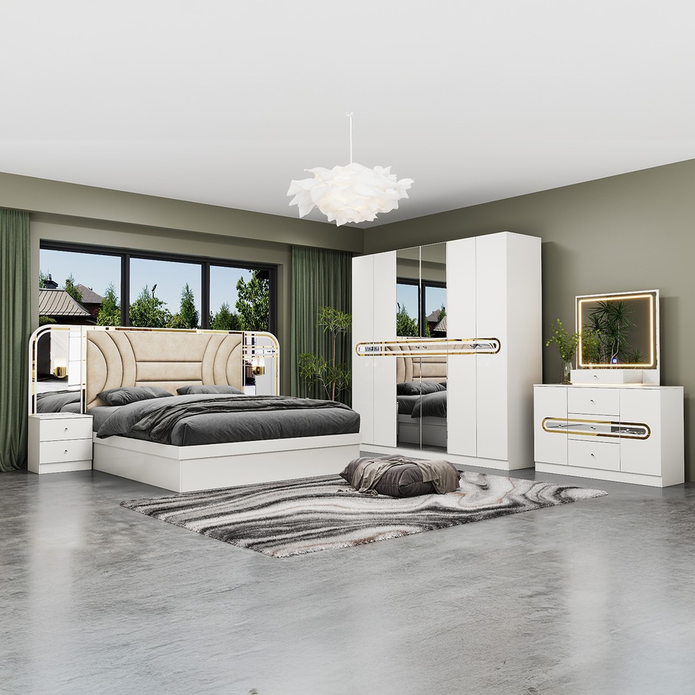 Double Bedroom Set with 180x200cm Bed, 6-Door Wardrobe, 2 Nightstands & Dressing Table with Stool