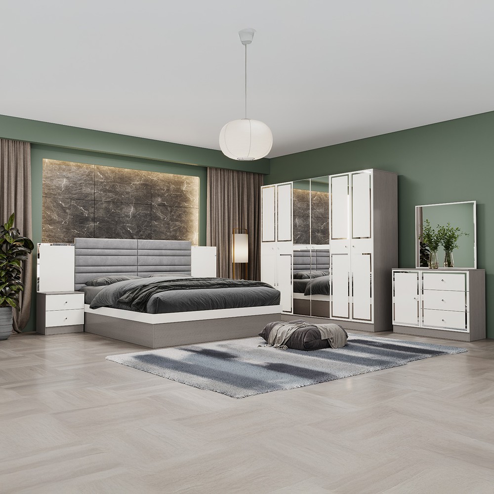 Double Bedroom Set with 180x200cm Bed, 6-Door Wardrobe, 2 Nightstands & Dressing Table with Stool