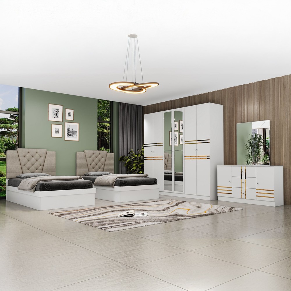 Modern Twin Bedroom Set with Side Table, Dressing Table & 6-Door Wardrobe