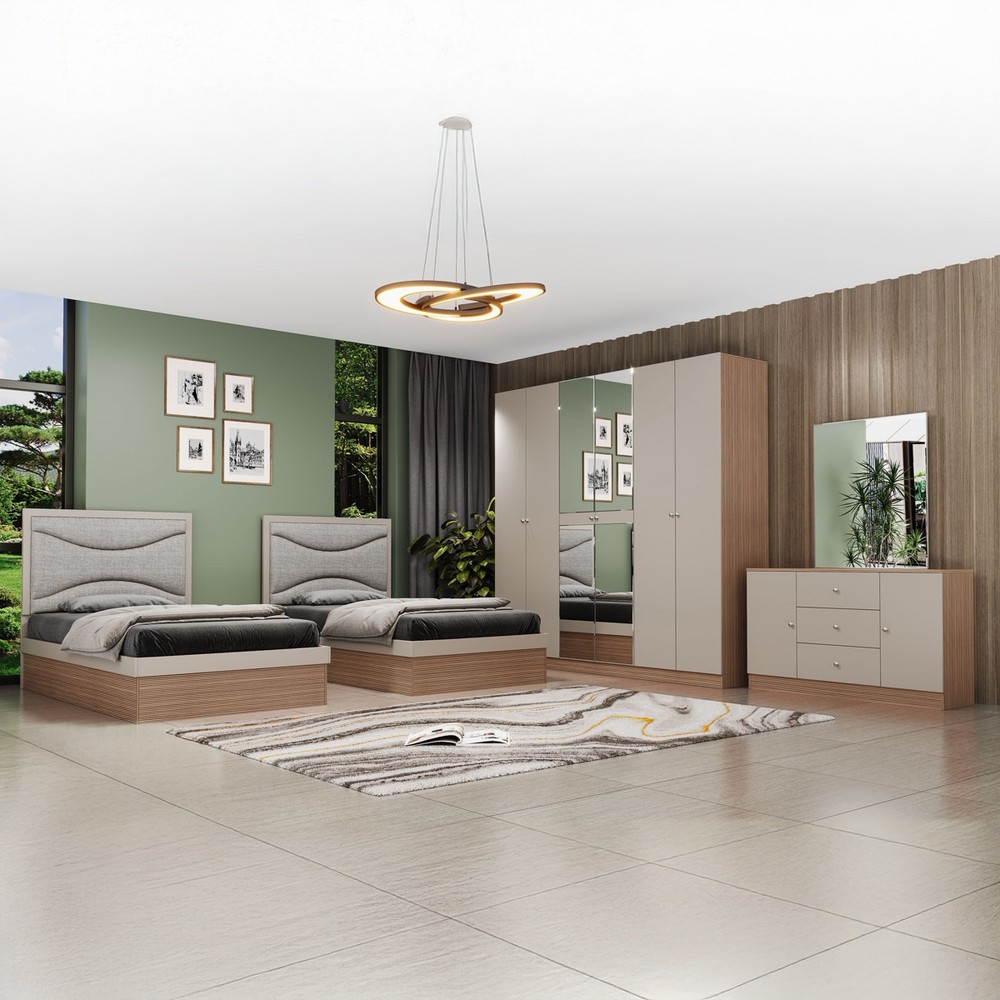 Modern Twin Bedroom Set with Side Table, Dressing Table & 6-Door Wardrobe