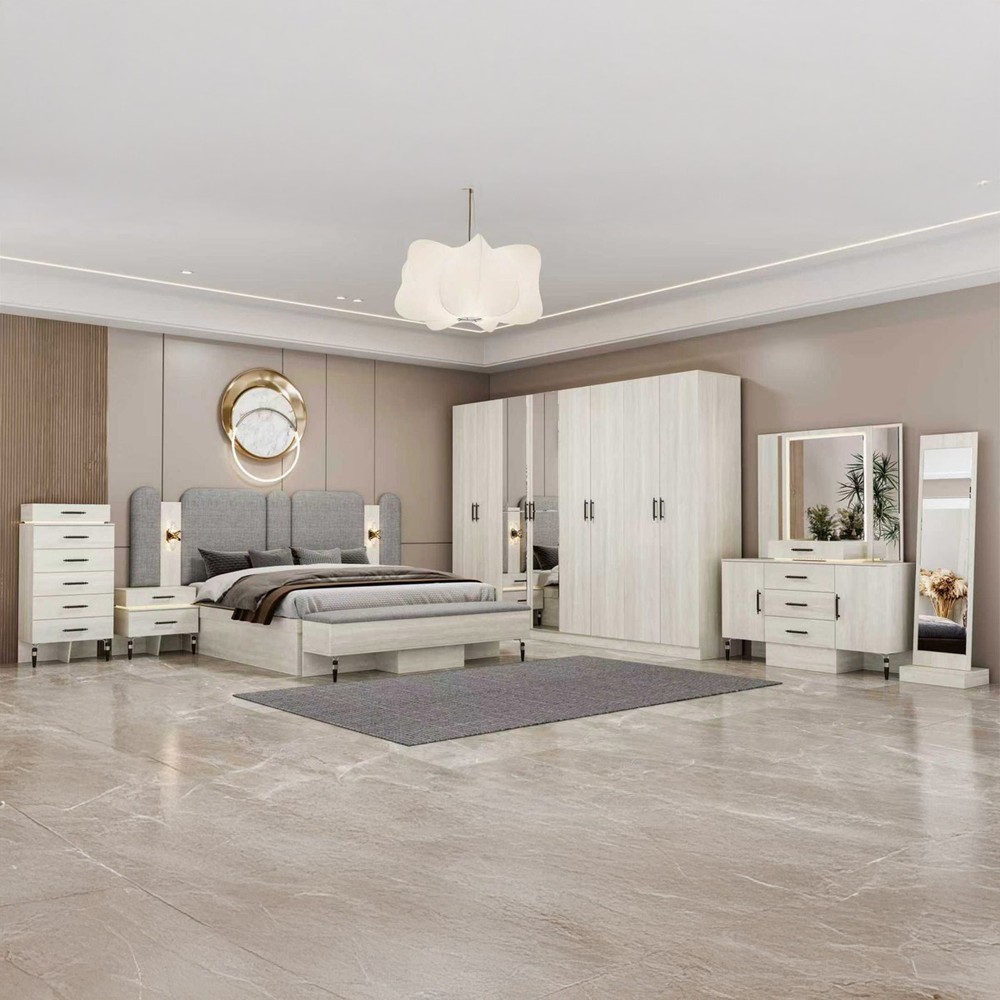 King Bedroom Set with 180x200cm Bed, 8-Door Wardrobe, 2 Side Tables, Dressing Table & Chest of Drawers