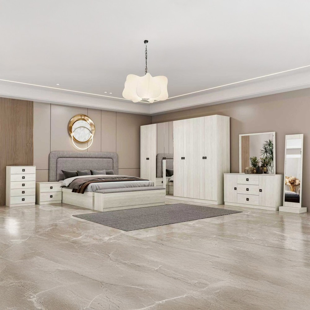 Modern Bedroom Set with 180x200cm Bed, 2 Side Tables, Dressing Table, 8-Door Wardrobe, Chest of Drawers & Mirror