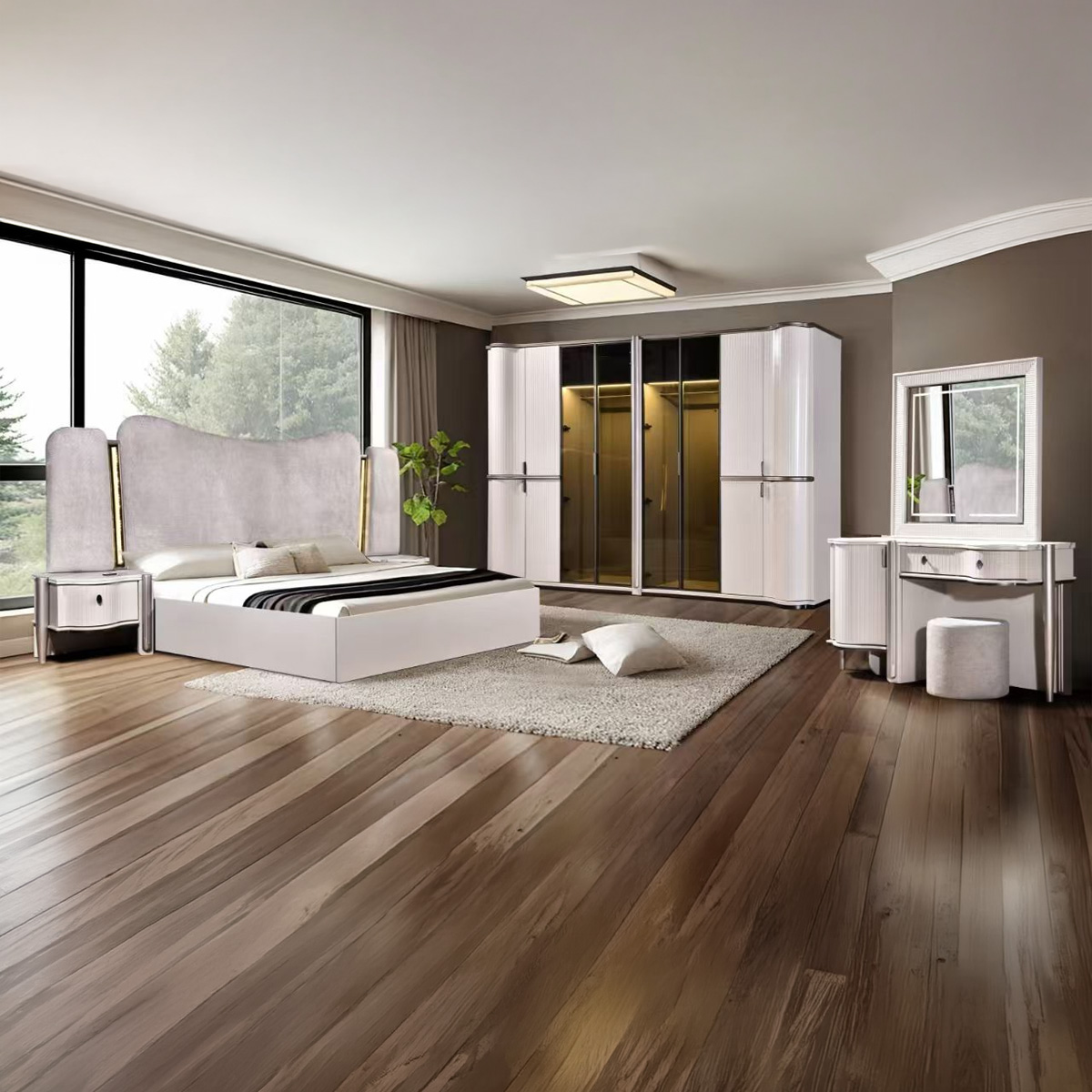 Modern Bedroom Set (1 King Size Bed, 6 Doors Wardrobe, 2 Night Stand, 1 Dressing Table)