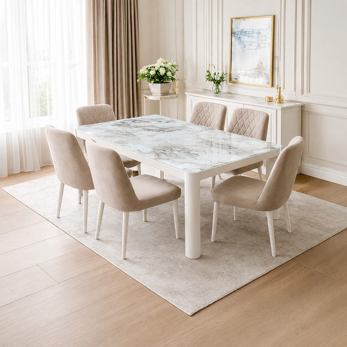 Glass Dining Table Set with 6 Chairs