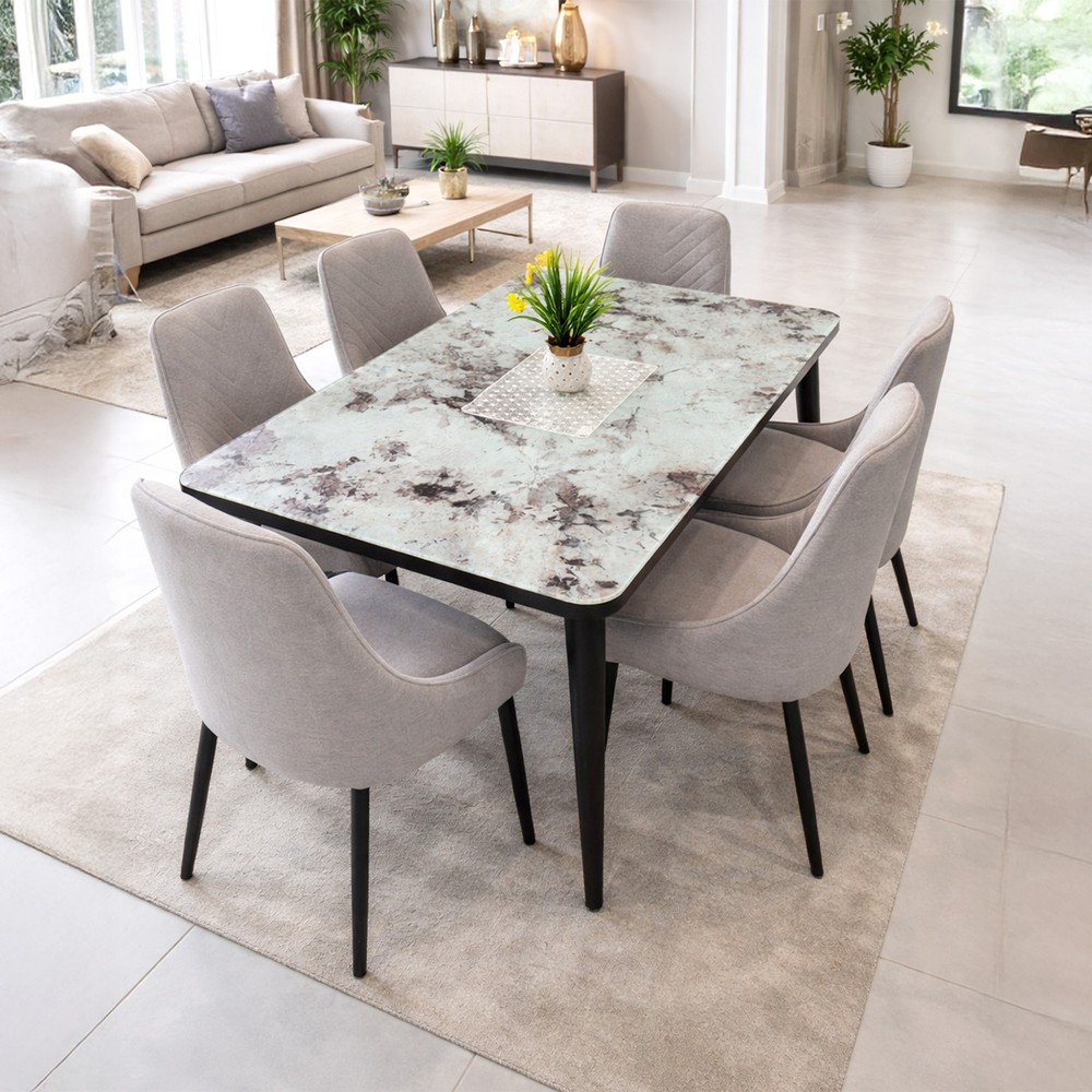 Grey & Black Glass Dining Table Set with 6 Chairs