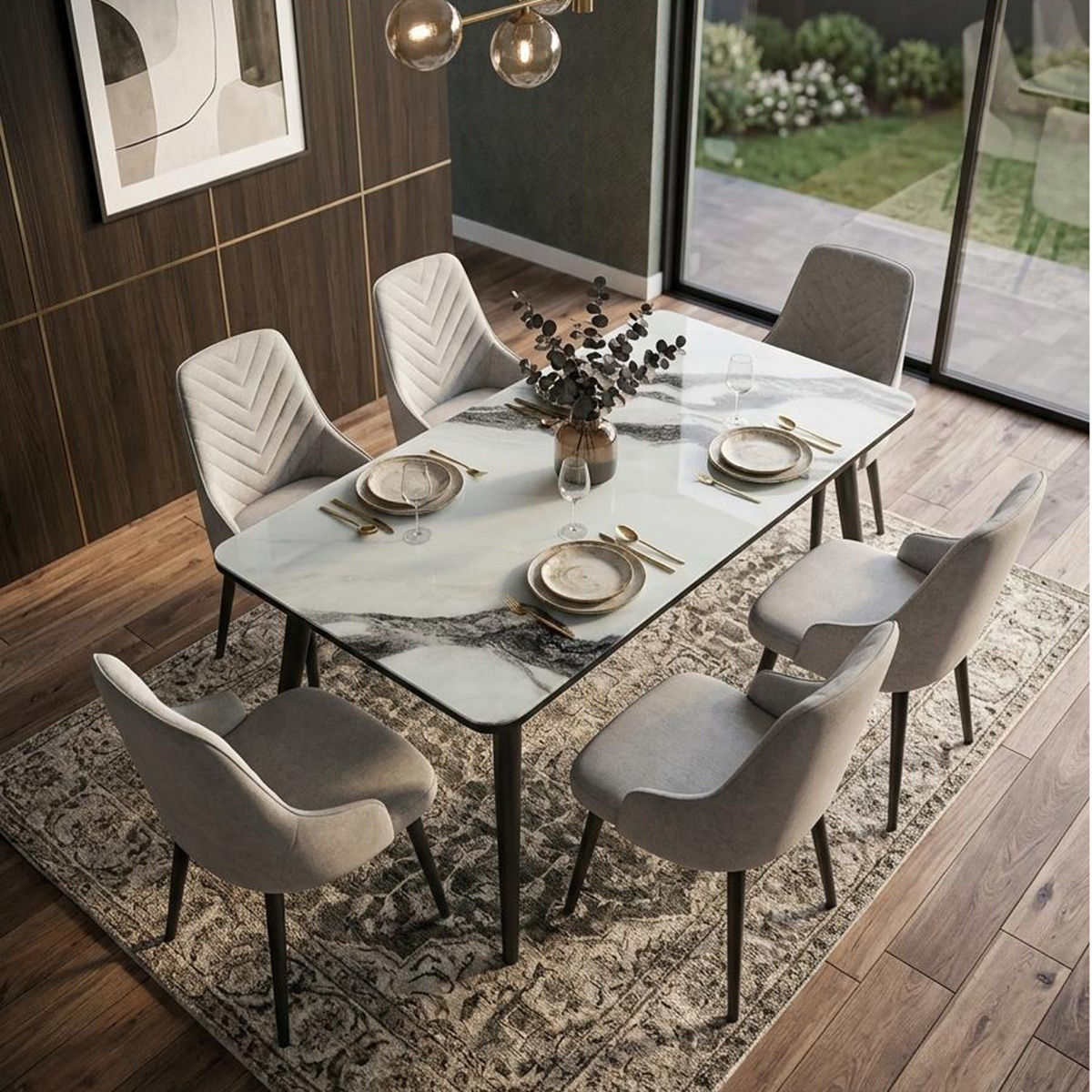 Glass Dining Table Set 1 Plus 6 Light Gray Black
