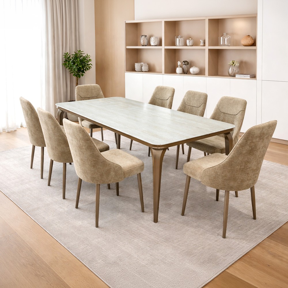 Coffee Beige Glass Dining Table Set with 8 Chairs