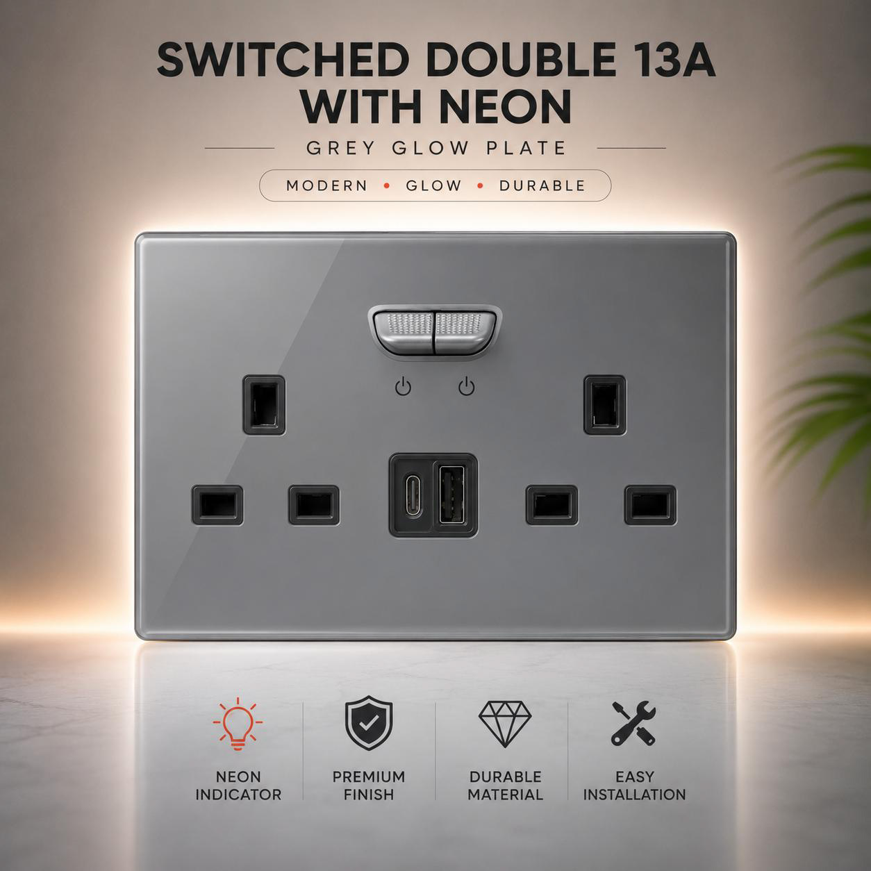 Switched Double 13A Socket with Neon