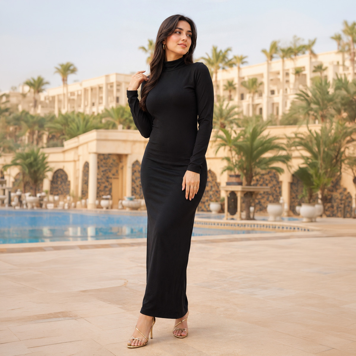 Stretch Dress Long Sleeve High Neck