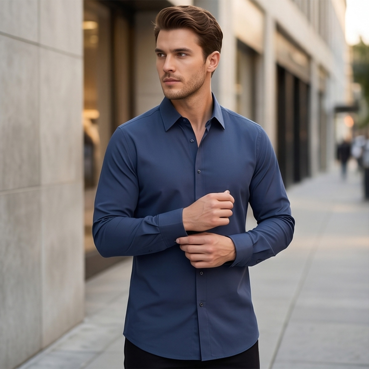 Men Slim Fit Formal Shirt Grey Long Sleeve
