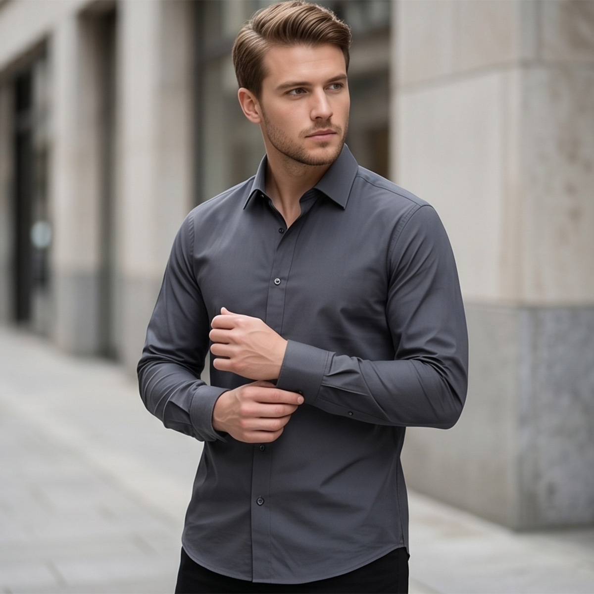 Men Regular Formal Shirt Grey Long Sleeve