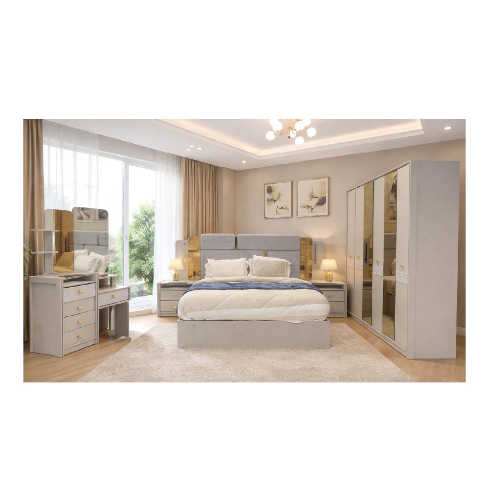 King Bedroom Set with 180x200cm Bed, 6-Door Wardrobe, 2 Nightstands & Dressing Table