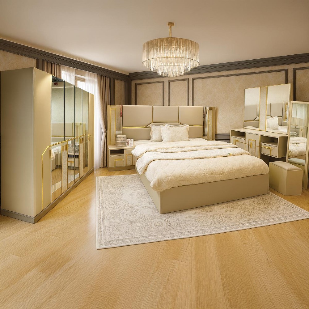 Modern Bedroom Set with 180x200cm Bed, 2 Nightstands, Dressing Table with Stool, Standing Mirror & 6-Door Wardrobe