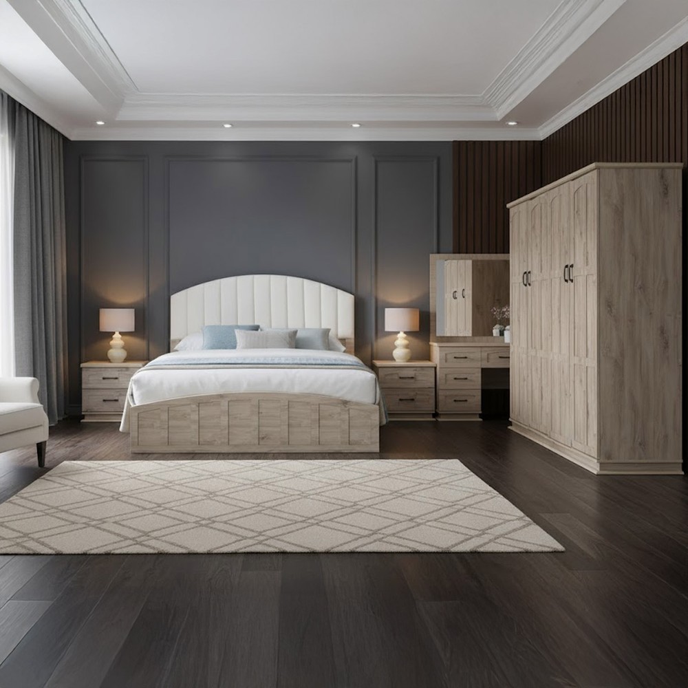 Modern Wooden Bedroom Set (180x200cm Bed, 1x4 Door Wardrobe, 2 Night Stands, 1 Dressing Table)