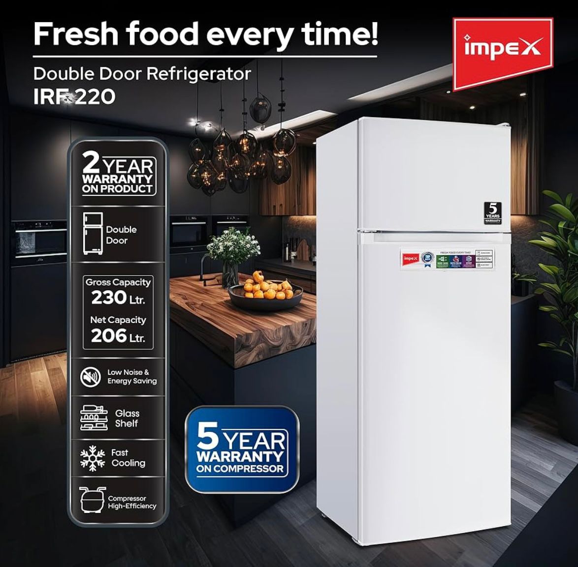 Impex Double Door Inverter Refrigerator 220L